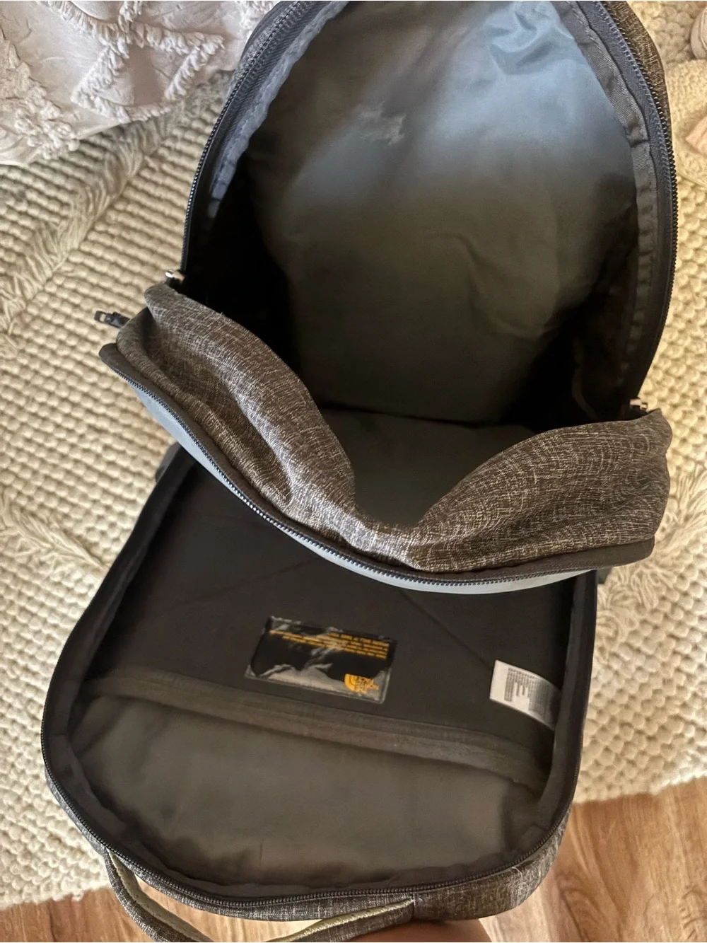 The North Face Black & Heather Gray Backpack with Mint Zippers